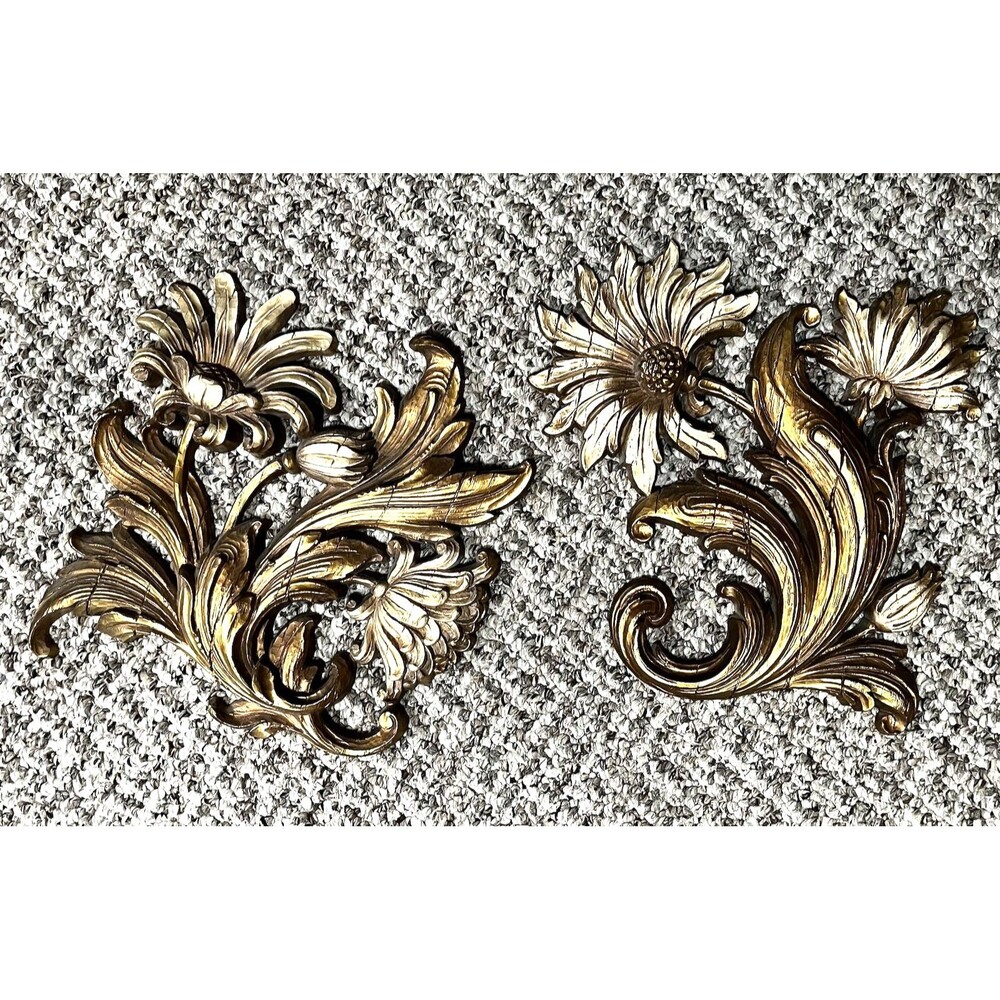 Vintage Syroco Flower Wall Hangings 1965 Gold Decor MCMLXV USA Gold Pair of 2